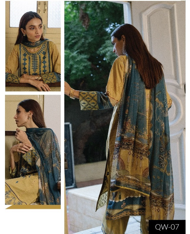 Qalamkar Qline Embroidered Linen 3 piece Unstitch suit - QLA-07