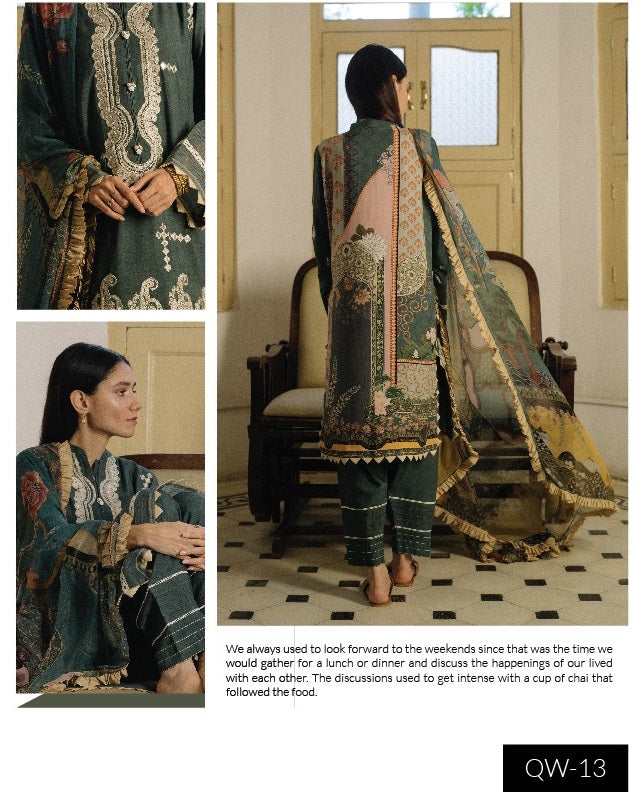Qalamkar Qline Embroidered Linen 3 piece Unstitch suit - QLA-13