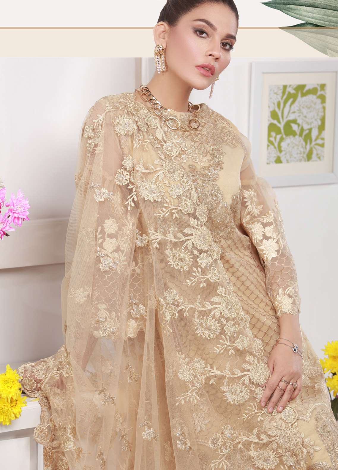 Azure Festive Embroidered Organza 3 Piece Unstitched Suit - D03 Golden Eleanor