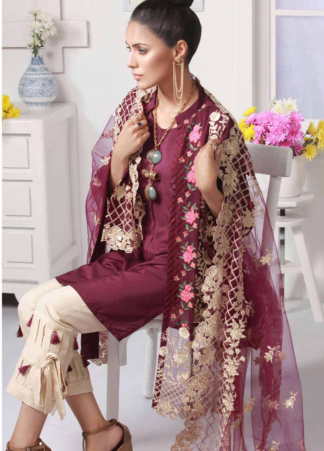 Azure Luxe Embroidered Chiffon 3 Piece Unstitched Suit - D-8 Berry Flake
