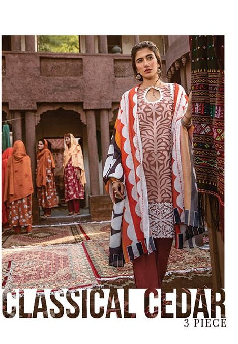 Cross Stitch Embroidered Cotton Satin Unstitched 3 Piece Suit – 11 Classical Cedar