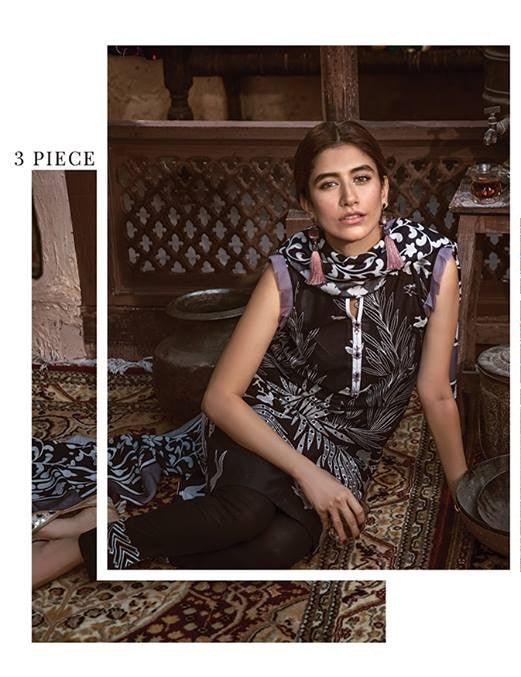 Cross Stitch Embroidered Cotton Satin Unstitched 3 Piece Suit - 04 Black Haze