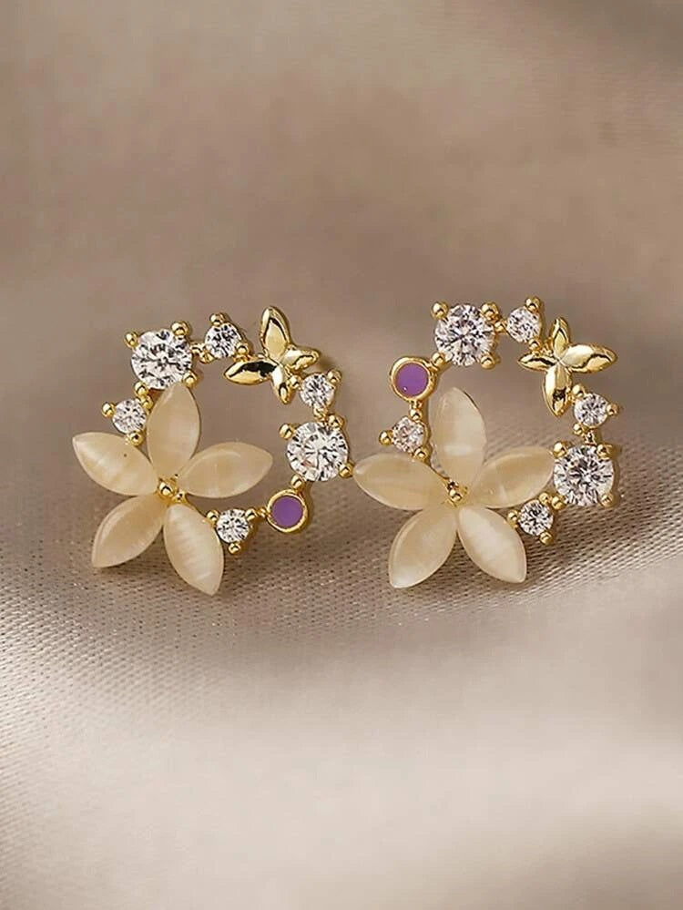 Rhinestone & Flower Style Stud Earrings - HDJ 013
