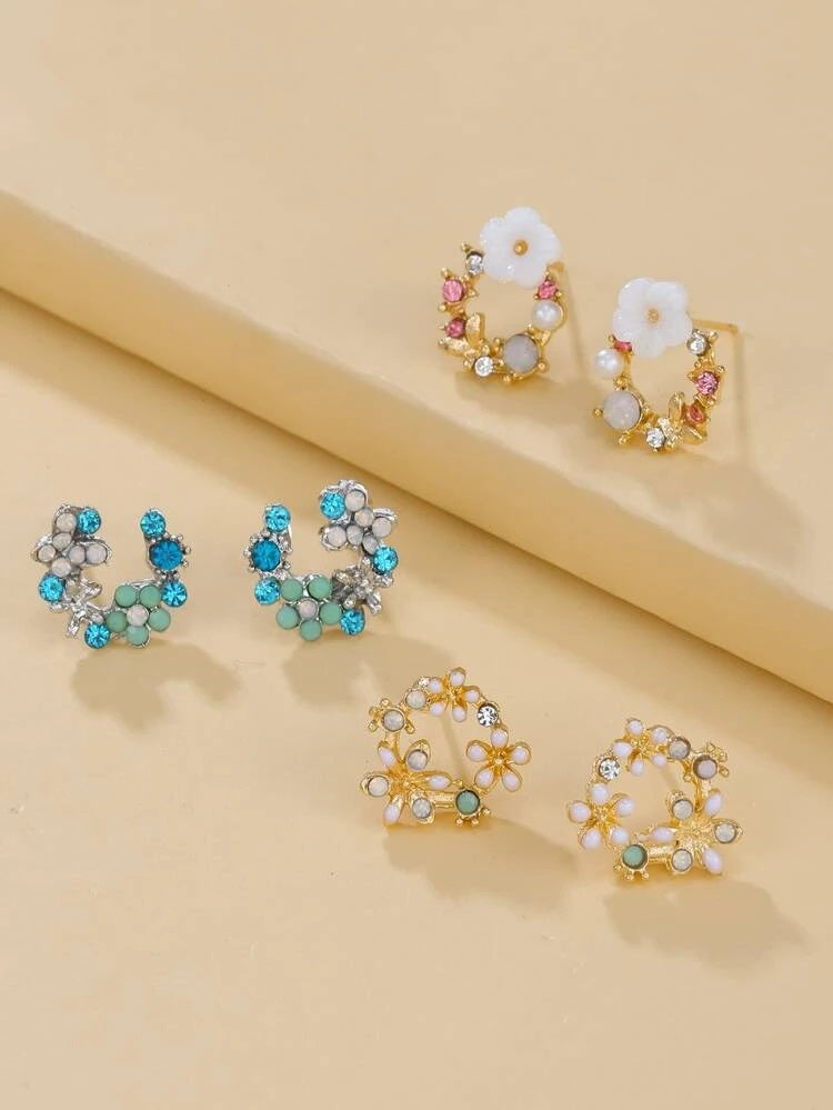 3pairs Pearl Flower Decor Stud Earrings - HDJ 017