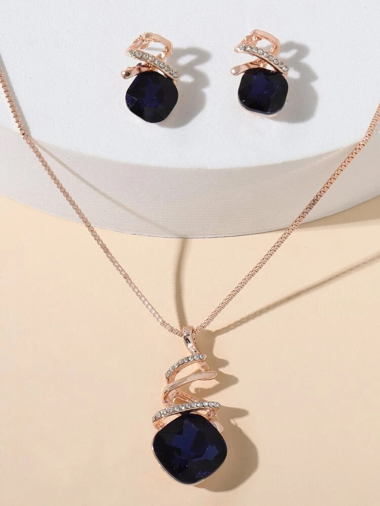 Rhinestone Decor Necklace & Stud Earrings- HDJ 018