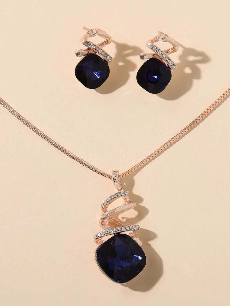 Rhinestone Decor Necklace & Stud Earrings- HDJ 018