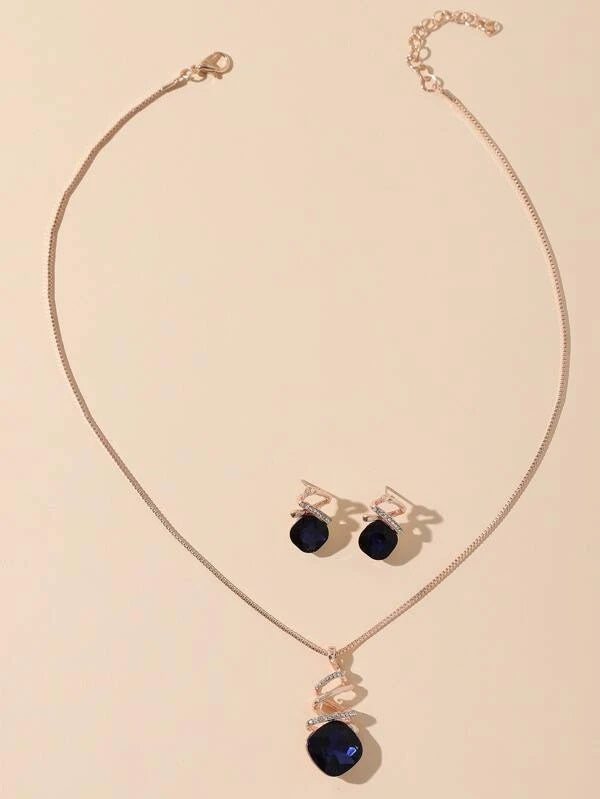 Rhinestone Decor Necklace & Stud Earrings- HDJ 018