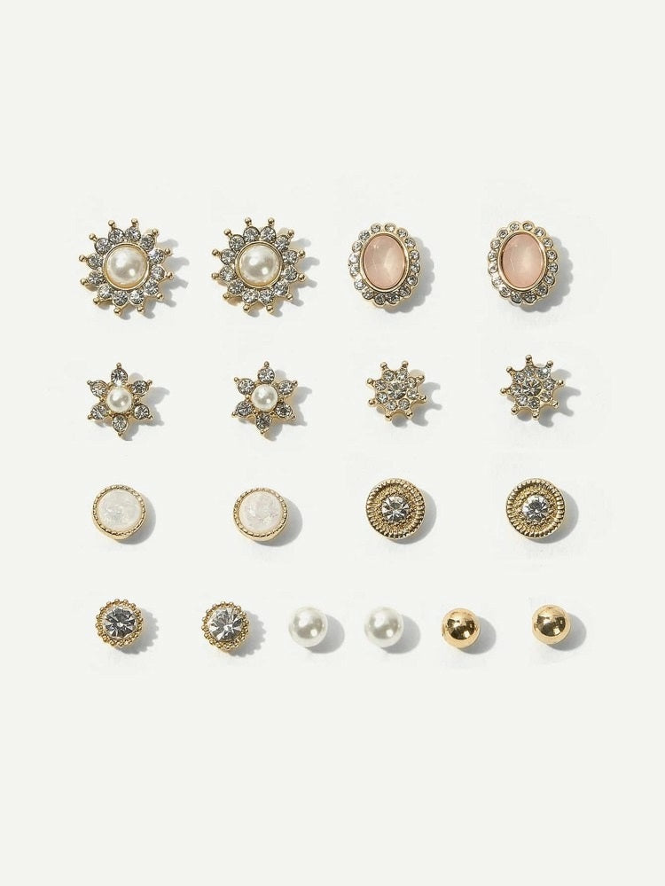 Rhinestone Decor Flower & Faux Pearl Stud Earrings 9pairs - HDJ 029