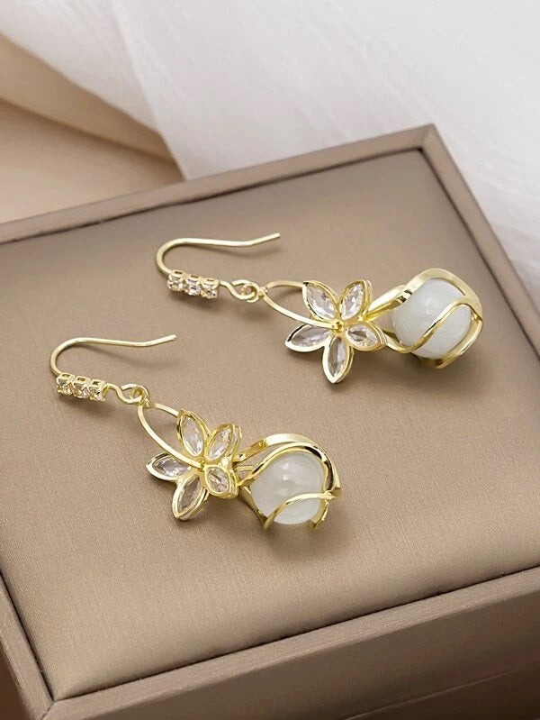 Rhinestone Flower Drop Earrings - HDJ 063