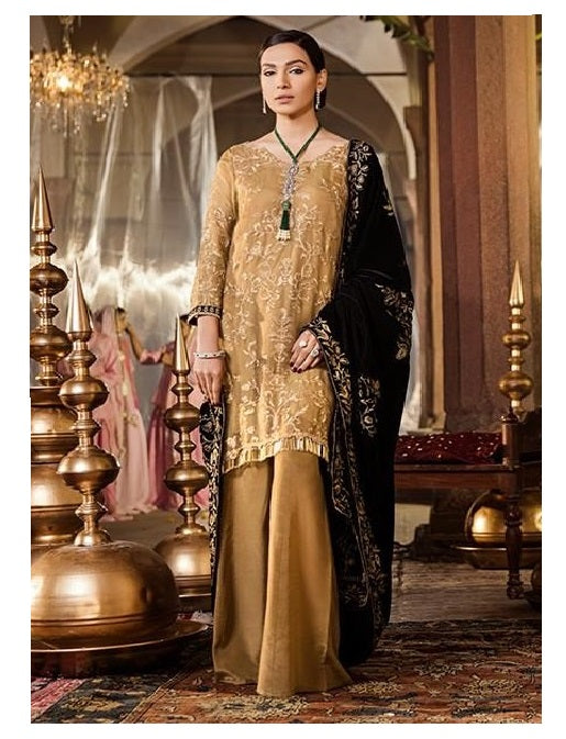 Iznik Festive Velvet 3 piece Unstitched Dress with Velvet Shawl - 01 RICH GOLD