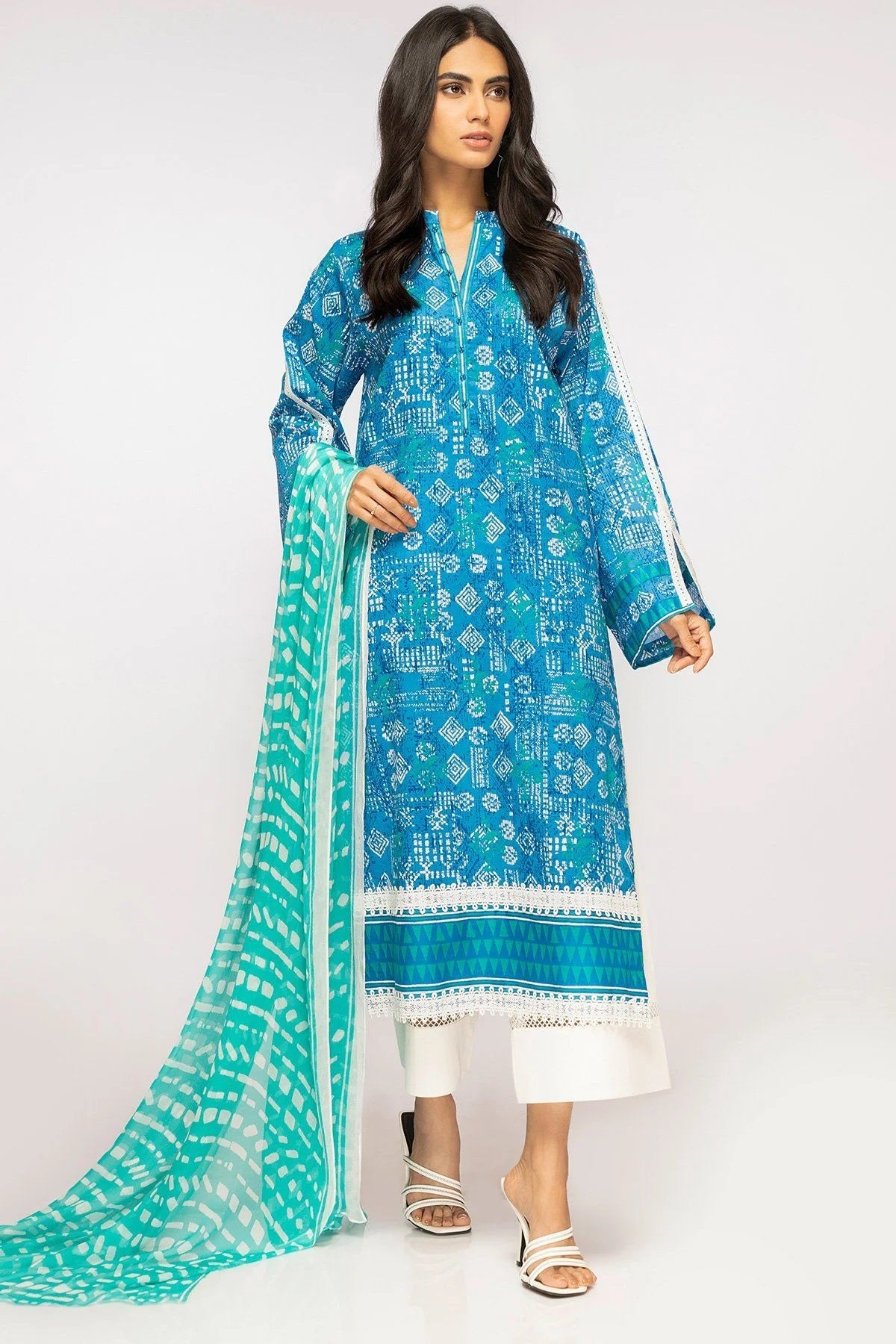Al Karam Printed Lawn Unstitched Kurti SLR-19-22-2-Sky Blue - Summer Collection