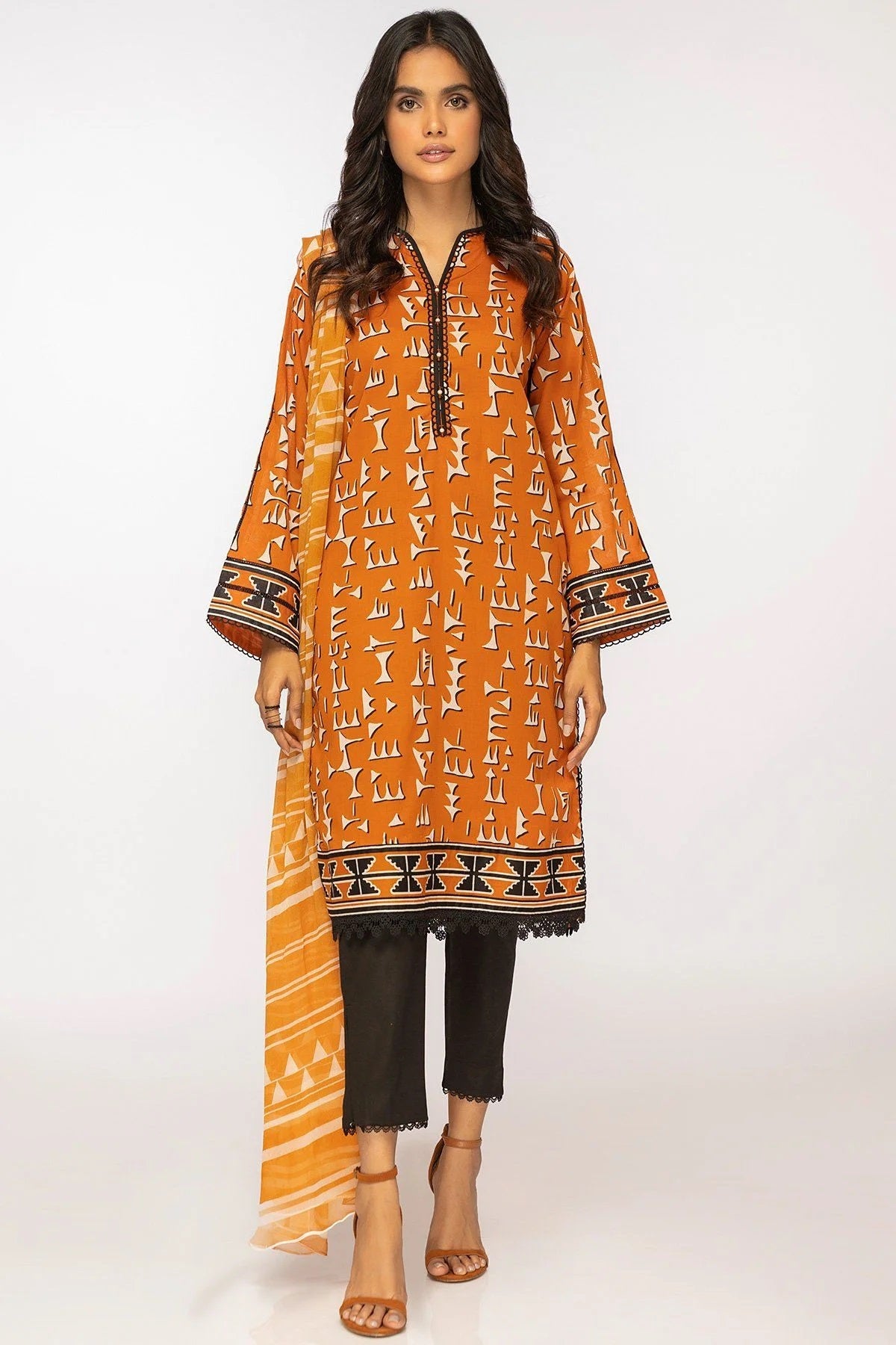 Al Karam Printed Lawn Unstitched Kurti SLR-30-22-2-Orange - Summer Collection