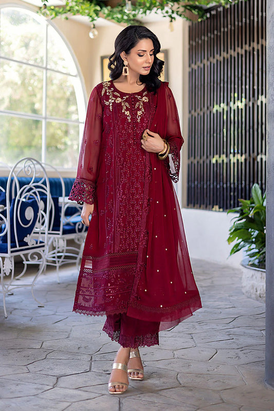 Ensembles By Azure Embroidered Chiffon Suits Unstitched 4 Piece AZES - 100 Antique Rouge