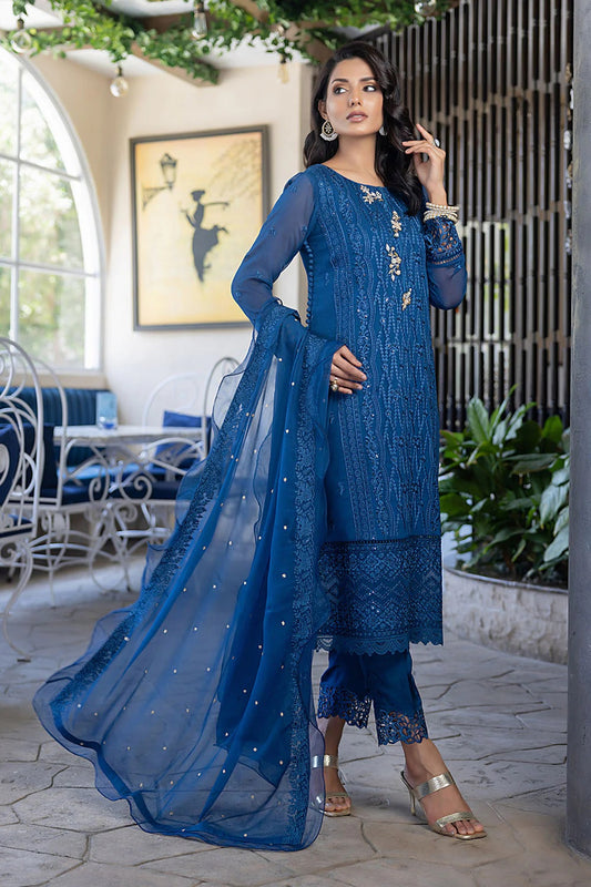 Ensembles By Azure Embroidered Chiffon Suits Unstitched 4 Piece AZES - 101 Cerulean