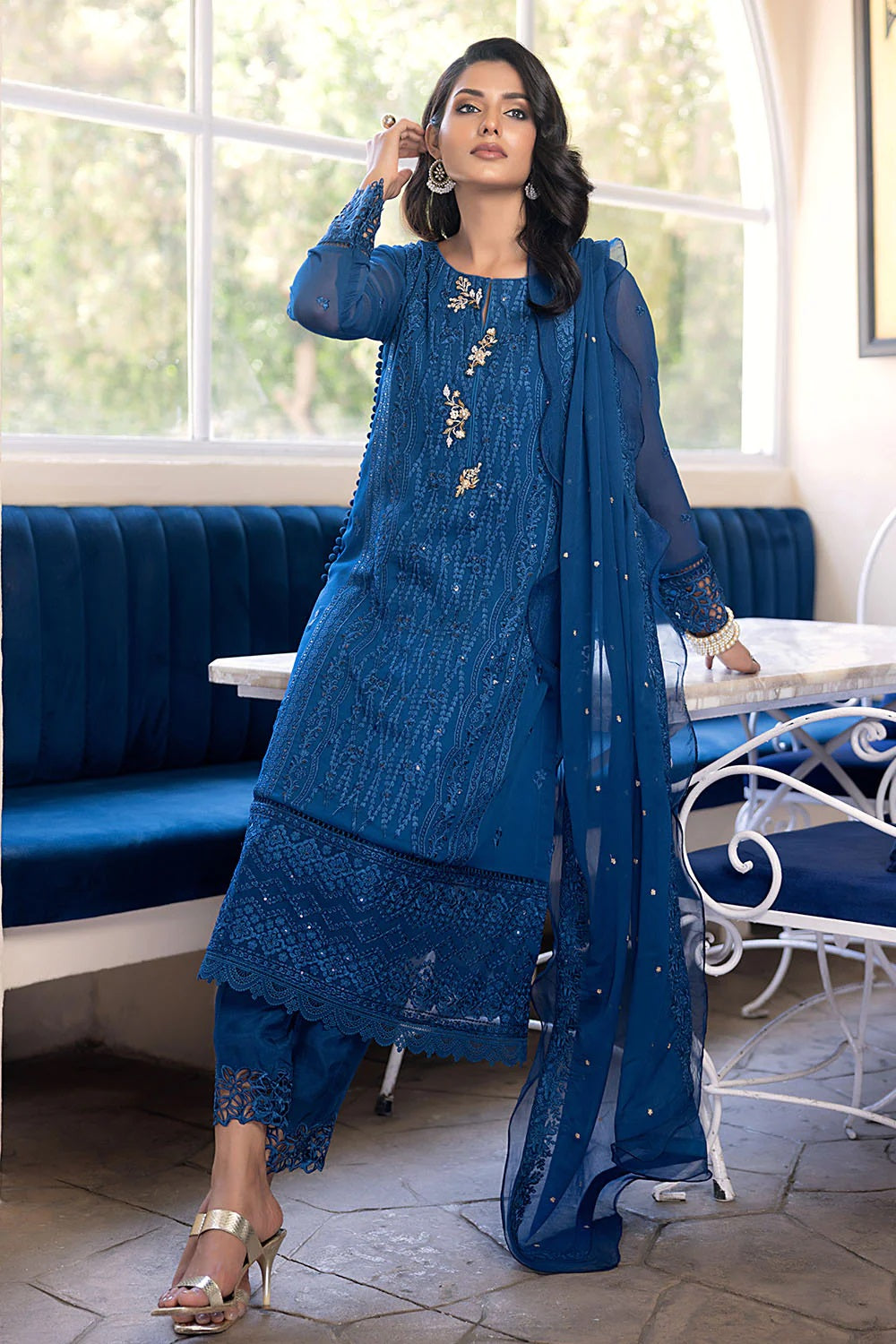 Ensembles By Azure Embroidered Chiffon Suits Unstitched 4 Piece AZES - 101 Cerulean