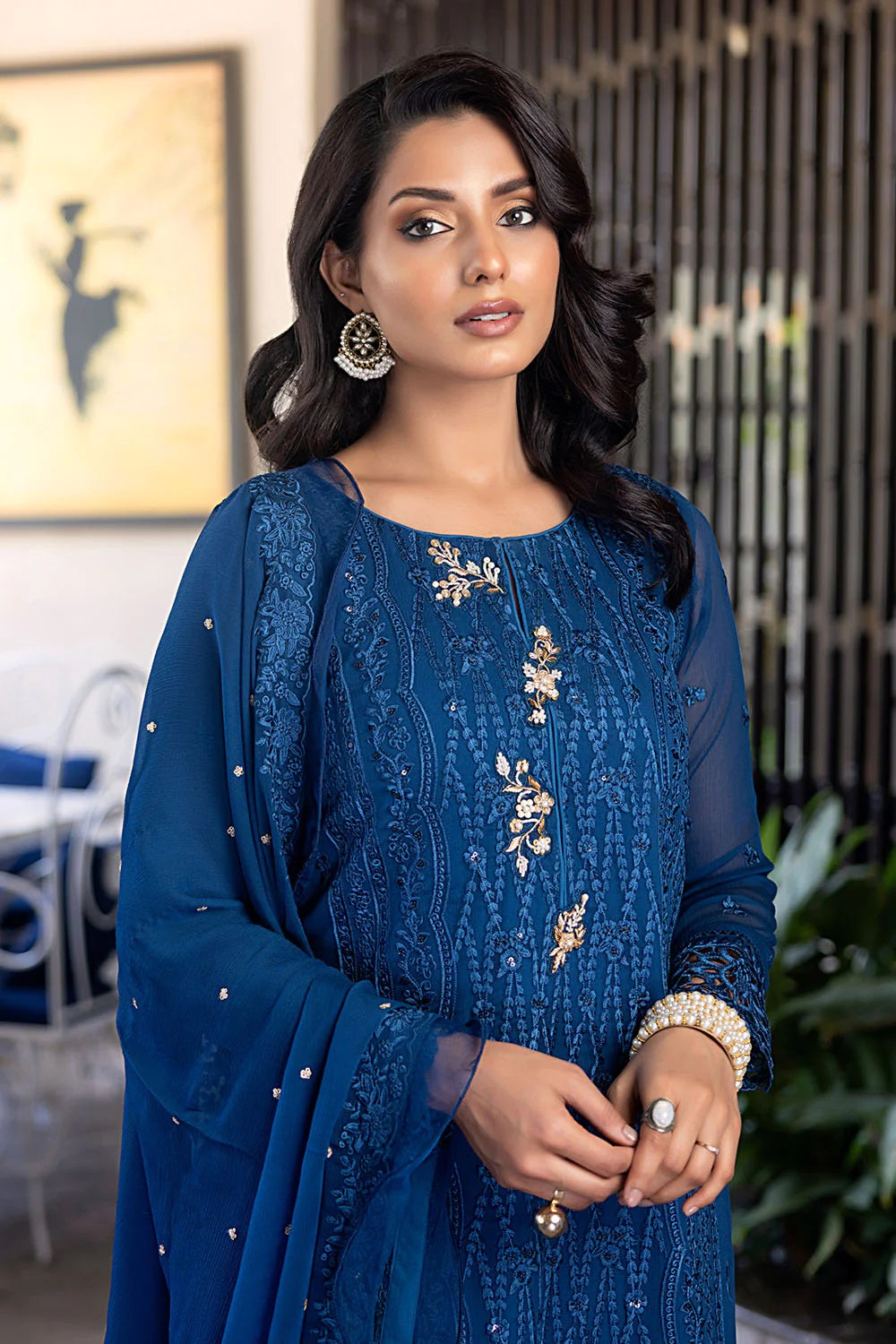 Ensembles By Azure Embroidered Chiffon Suits Unstitched 4 Piece AZES - 101 Cerulean