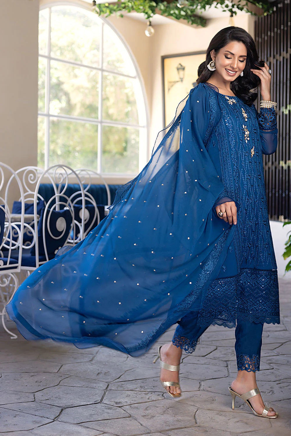 Ensembles By Azure Embroidered Chiffon Suits Unstitched 4 Piece AZES - 101 Cerulean