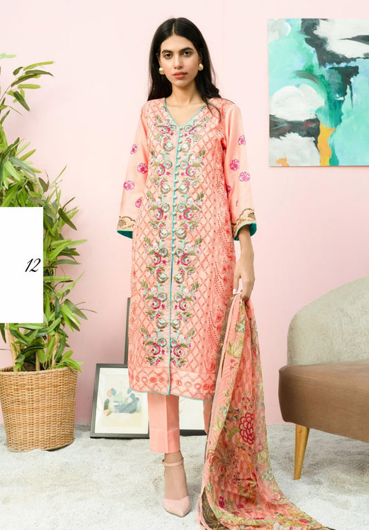 Blossom by Riaz Art Embroidered Slub Lawn 3pc Unstitched Dress - 12