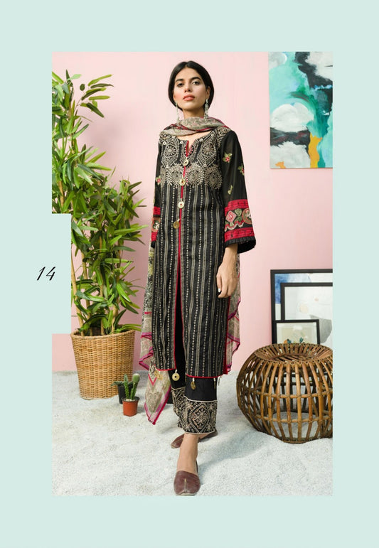 Blossom by Riaz Art Embroidered Slub Lawn 3pc Unstitched Dress - 13