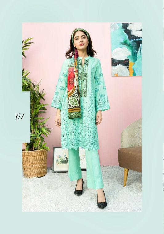 Blossom by Riaz Art Embroidered Slub Lawn 3pc Unstitched Dress - 01