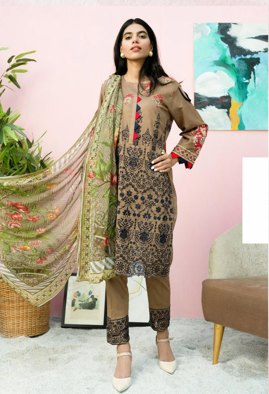 Blossom by Riaz Art Embroidered Slub Lawn 3pc Unstitched Dress - 02