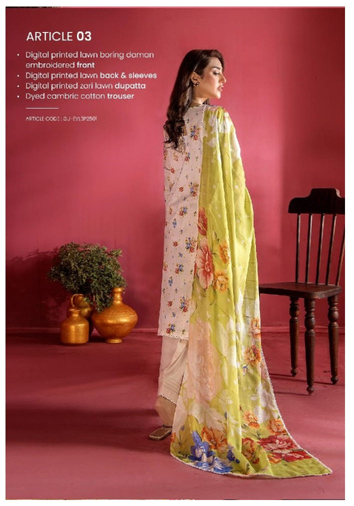 Evelyn by Gulljee Embroidered Lawn 3 piece Unstitched Dress - EVL3P2503