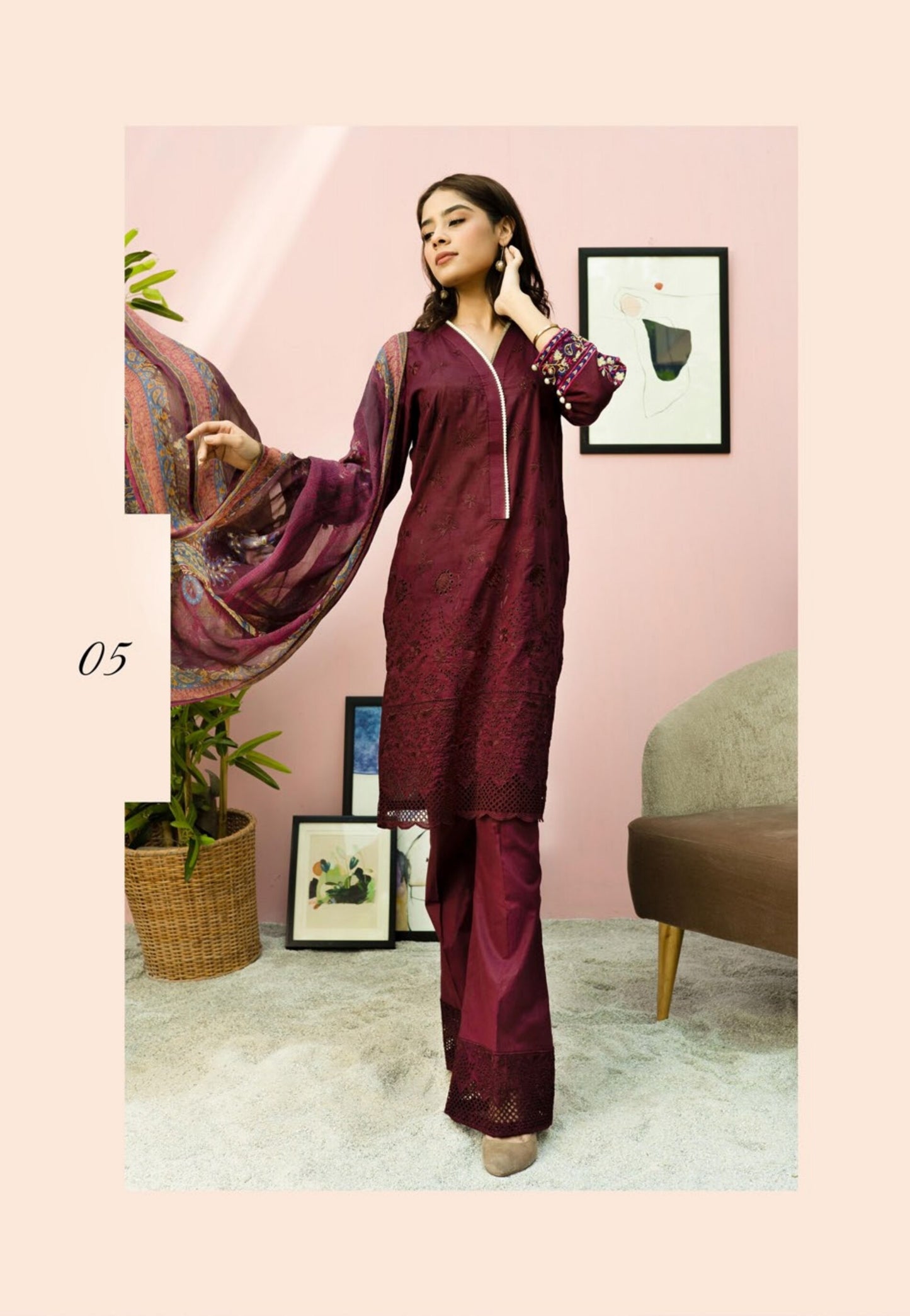Blossom by Riaz Art Embroidered Slub Lawn 3pc Unstitched Dress - 05
