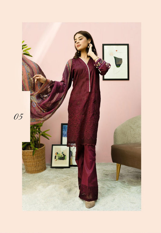 Blossom by Riaz Art Embroidered Slub Lawn 3pc Unstitched Dress - 05