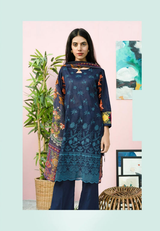 Blossom by Riaz Art Embroidered Slub Lawn 3pc Unstitched Dress - 08