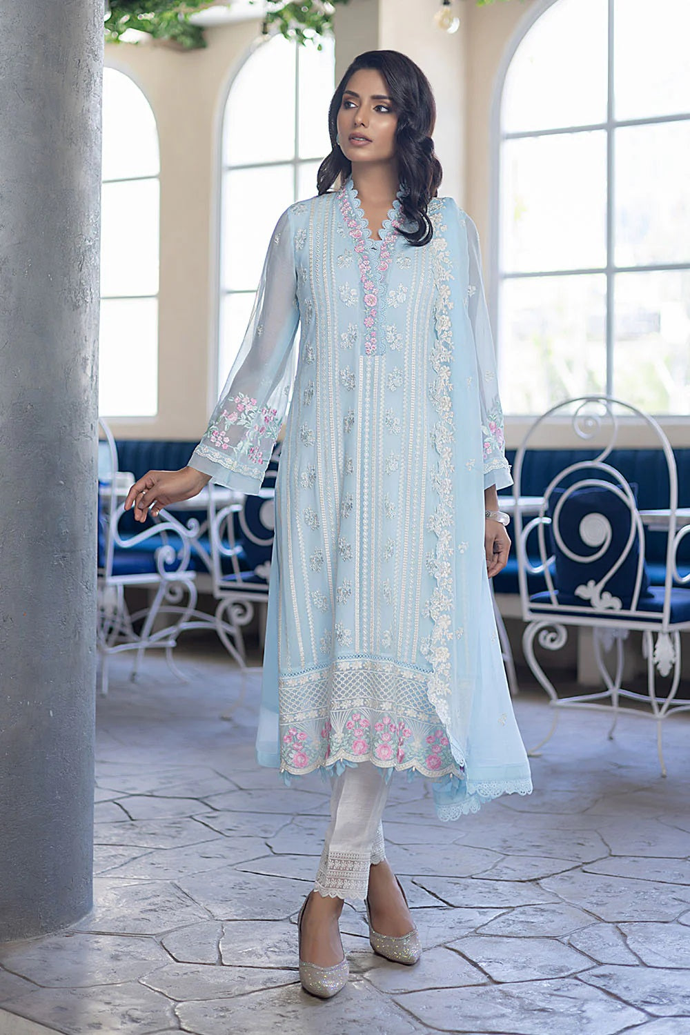 Ensembles By Azure Embroidered Chiffon Suits Unstitched 4 Piece AZES - 97 Sky Bloom