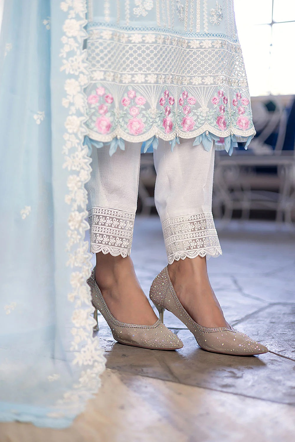 Ensembles By Azure Embroidered Chiffon Suits Unstitched 4 Piece AZES - 97 Sky Bloom