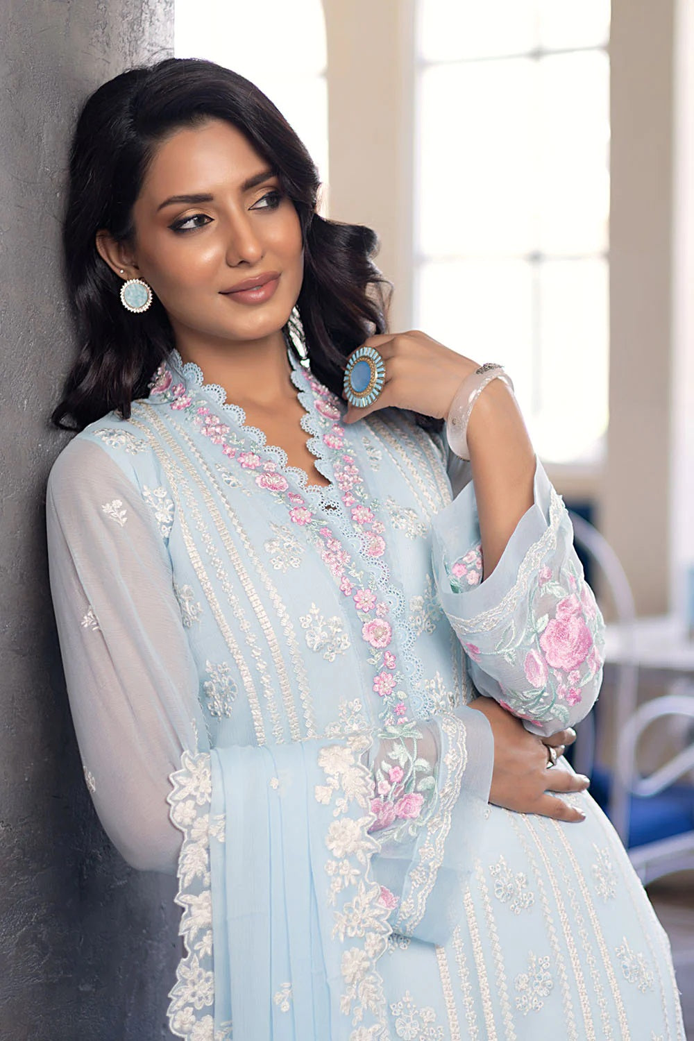 Ensembles By Azure Embroidered Chiffon Suits Unstitched 4 Piece AZES - 97 Sky Bloom