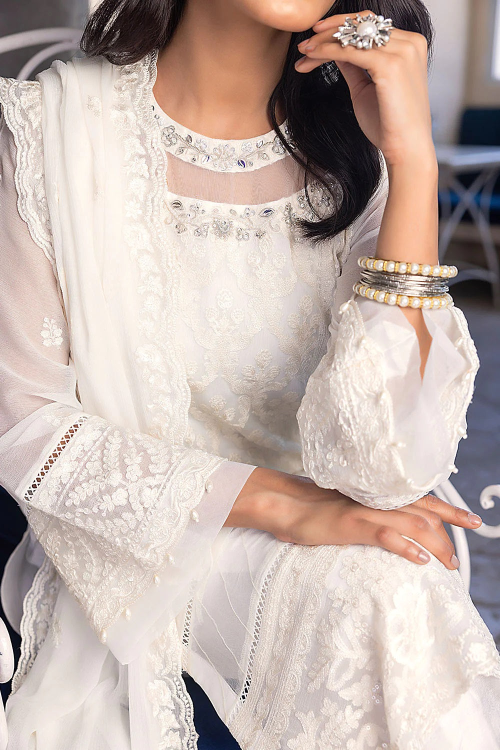 Ensembles By Azure Embroidered Chiffon Suits Unstitched 4 Piece AZES - 98 Milky Moon
