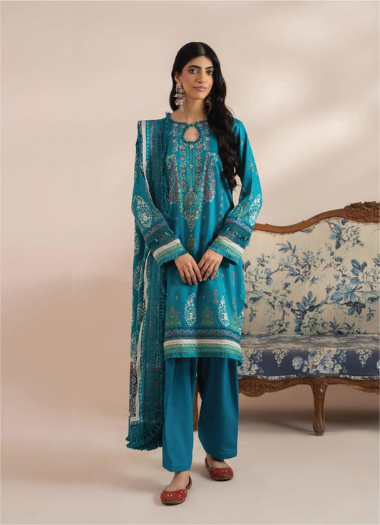 Mausummery Printed Linen 3 Piece Unstitched Dress - MPL-Amazonite