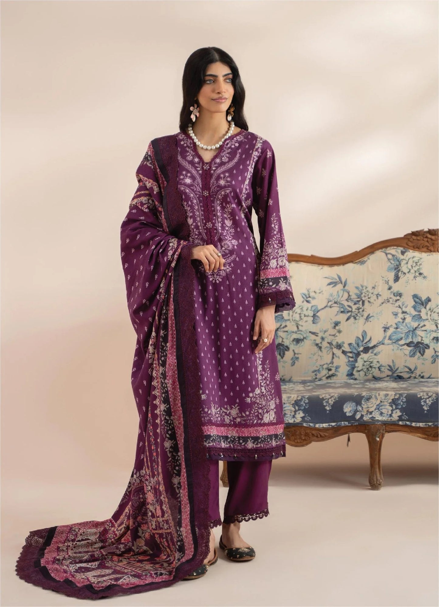 Mausummery Printed Linen 3 Piece Unstitched Dress - MPL-Amethyst