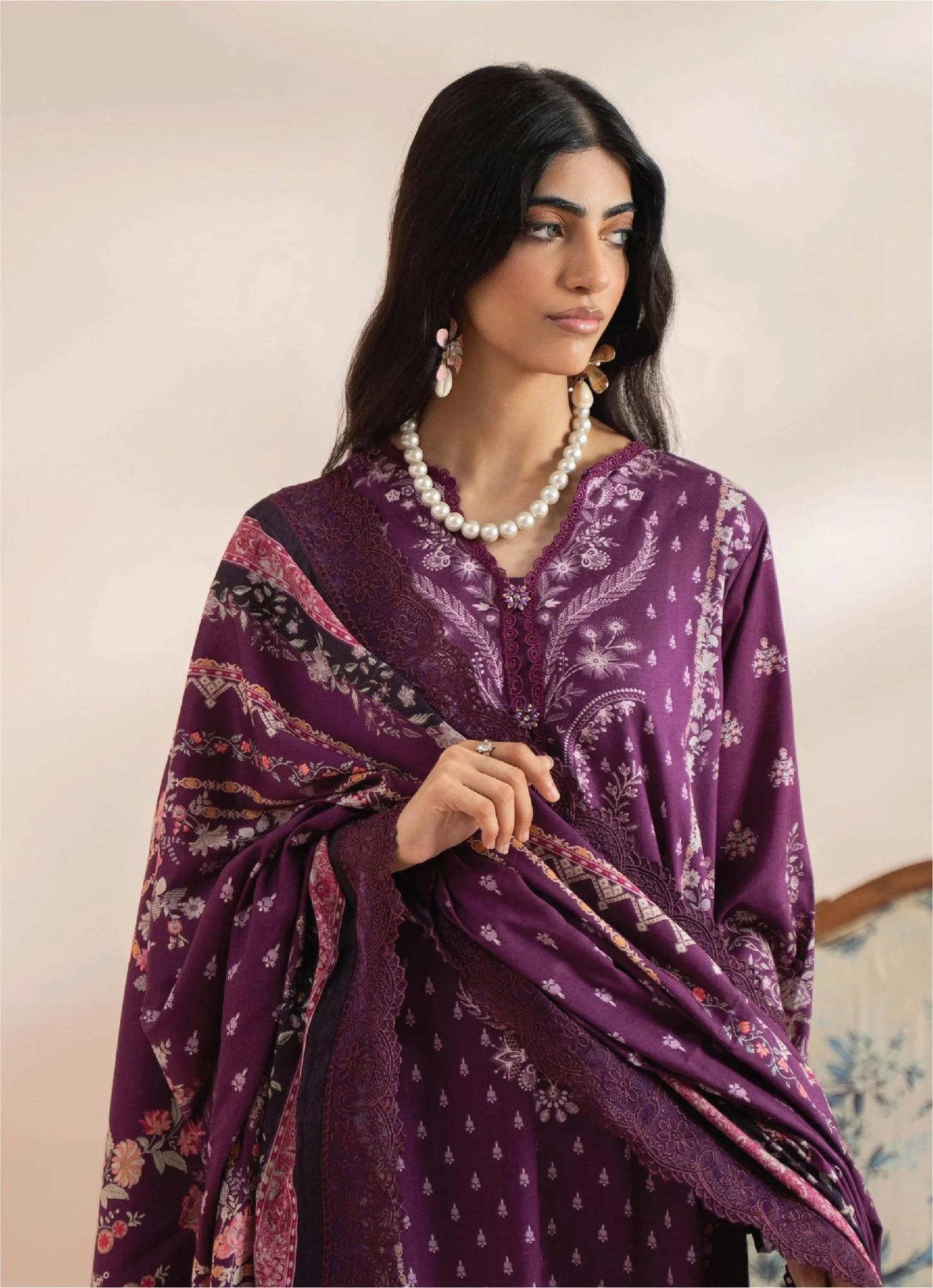 Mausummery Printed Linen 3 Piece Unstitched Dress - MPL-Amethyst