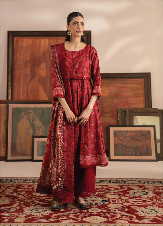 Mausummery Printed Linen 3 Piece Unstitched Dress - MPL-Carnelian