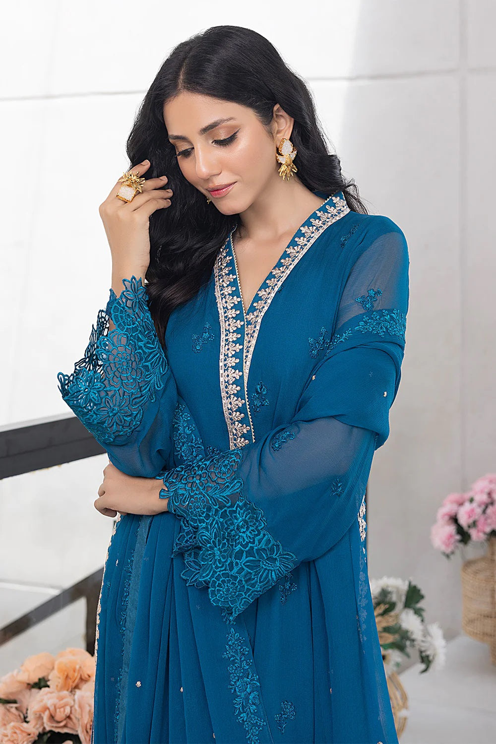 Ensembles Chiffon by Azure Embroidered Chiffon 4 Piece Unstitched Dress - ES023 Snow Breeze
