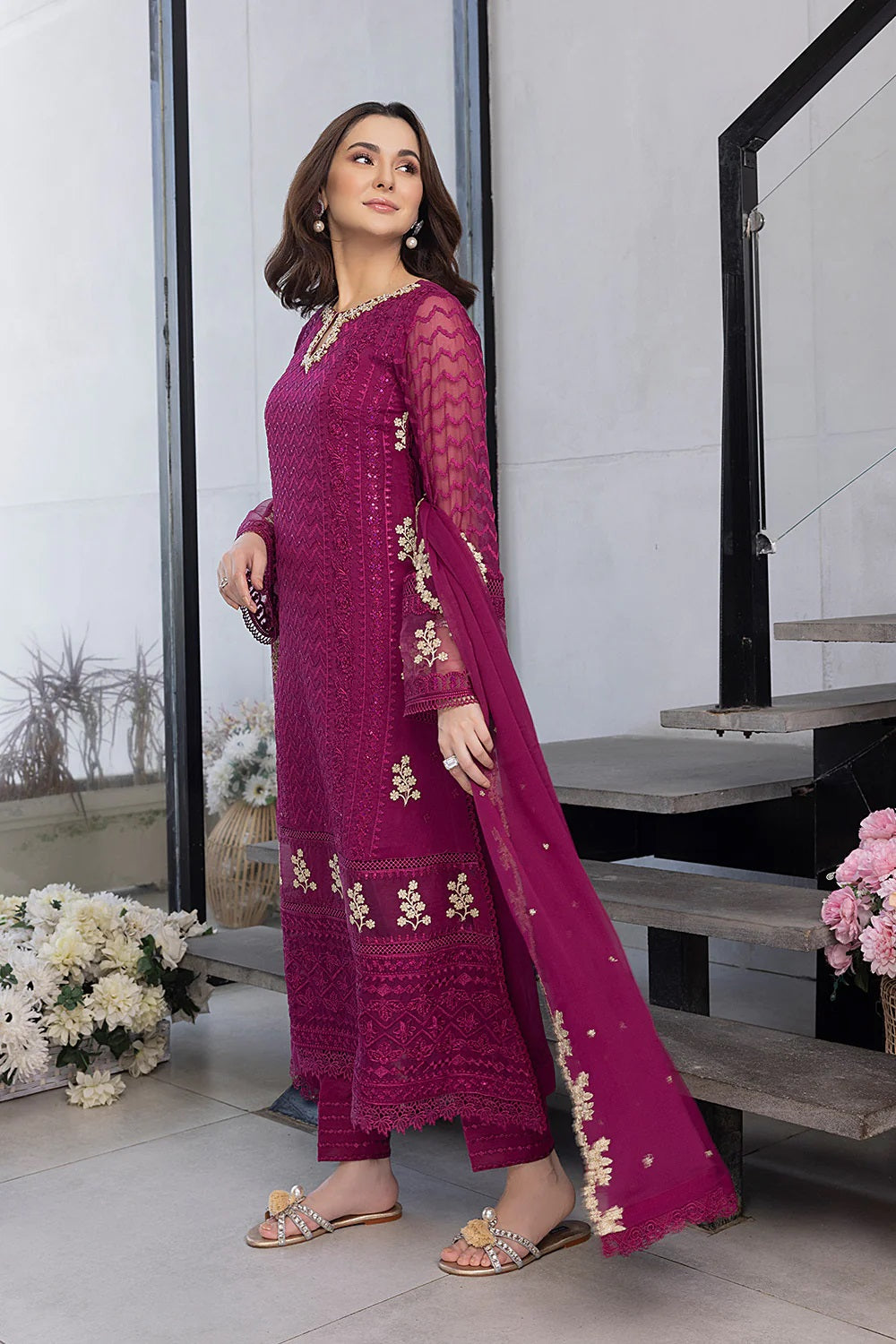 Ensembles Chiffon by Azure Embroidered Chiffon 4 Piece Unstitched Dress - ES025 Orchid Flame