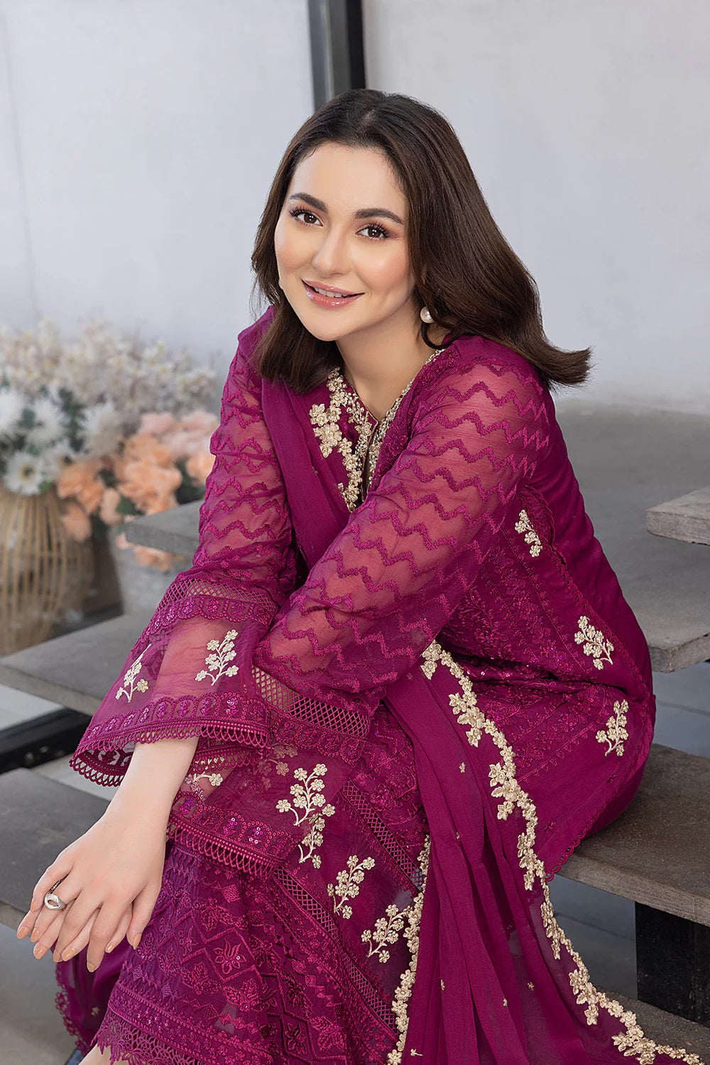 Ensembles Chiffon by Azure Embroidered Chiffon 4 Piece Unstitched Dress - ES025 Orchid Flame