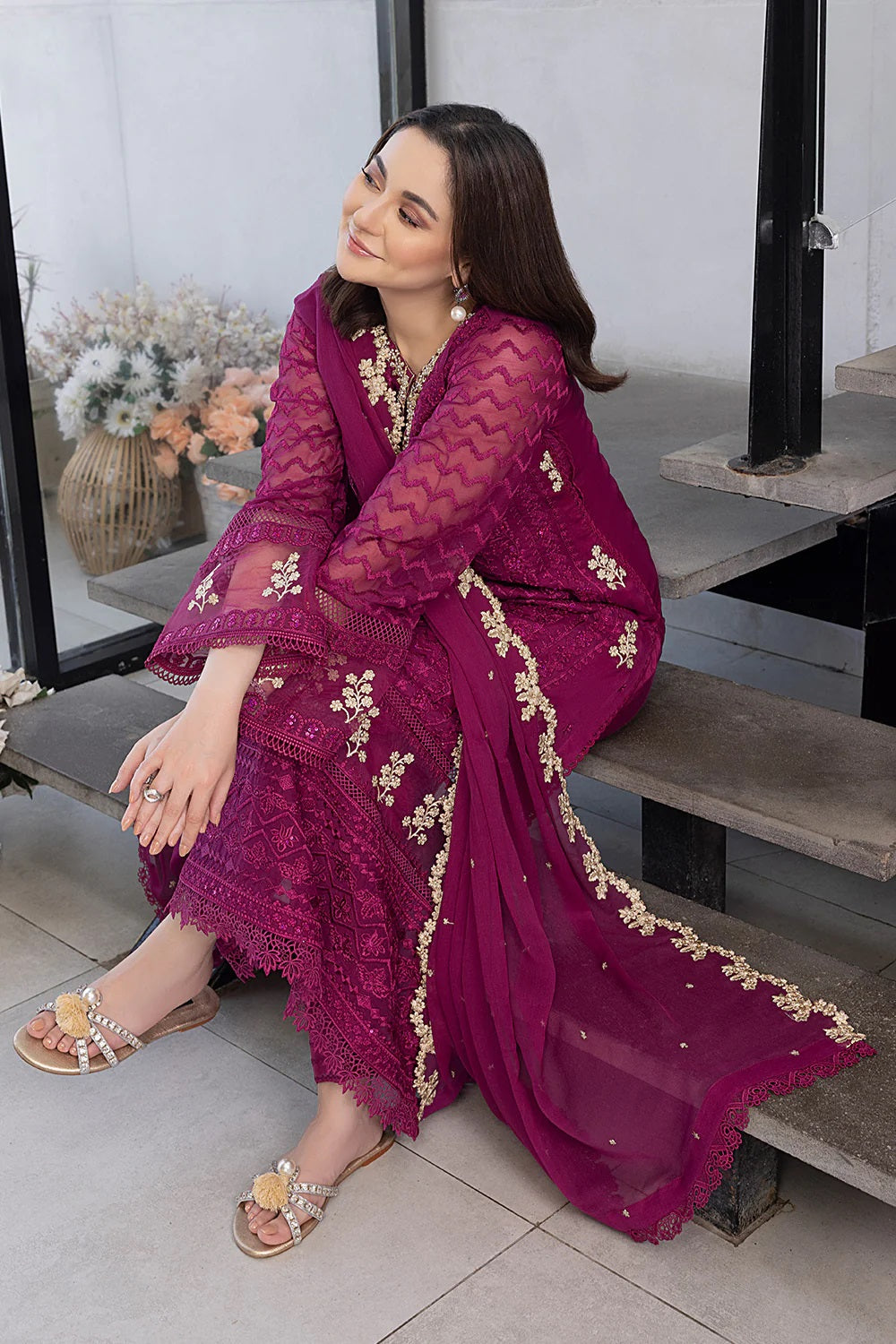 Ensembles Chiffon by Azure Embroidered Chiffon 4 Piece Unstitched Dress - ES025 Orchid Flame