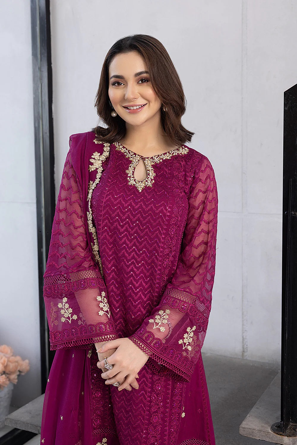 Ensembles Chiffon by Azure Embroidered Chiffon 4 Piece Unstitched Dress - ES025 Orchid Flame
