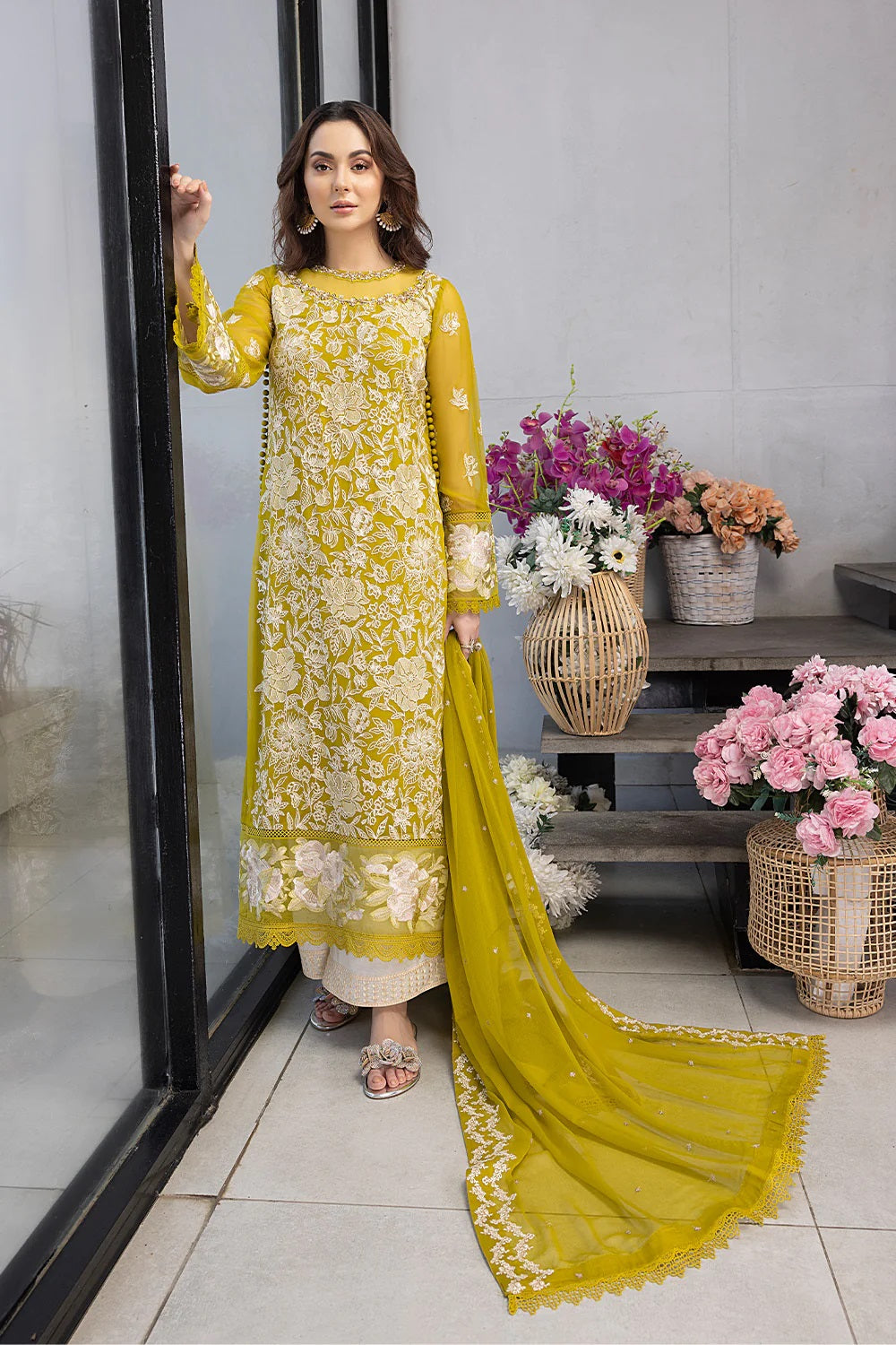 Ensembles Chiffon by Azure Embroidered Chiffon 4 Piece Unstitched Dress - ES027 Sunflower