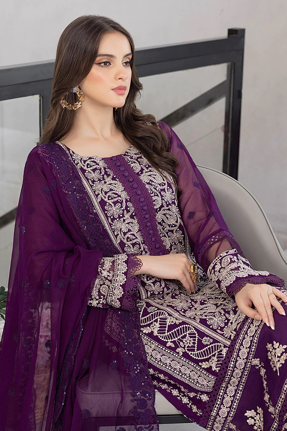 Ensembles Chiffon by Azure Embroidered Chiffon 4 Piece Unstitched Dress - ES028 Pansy Petals