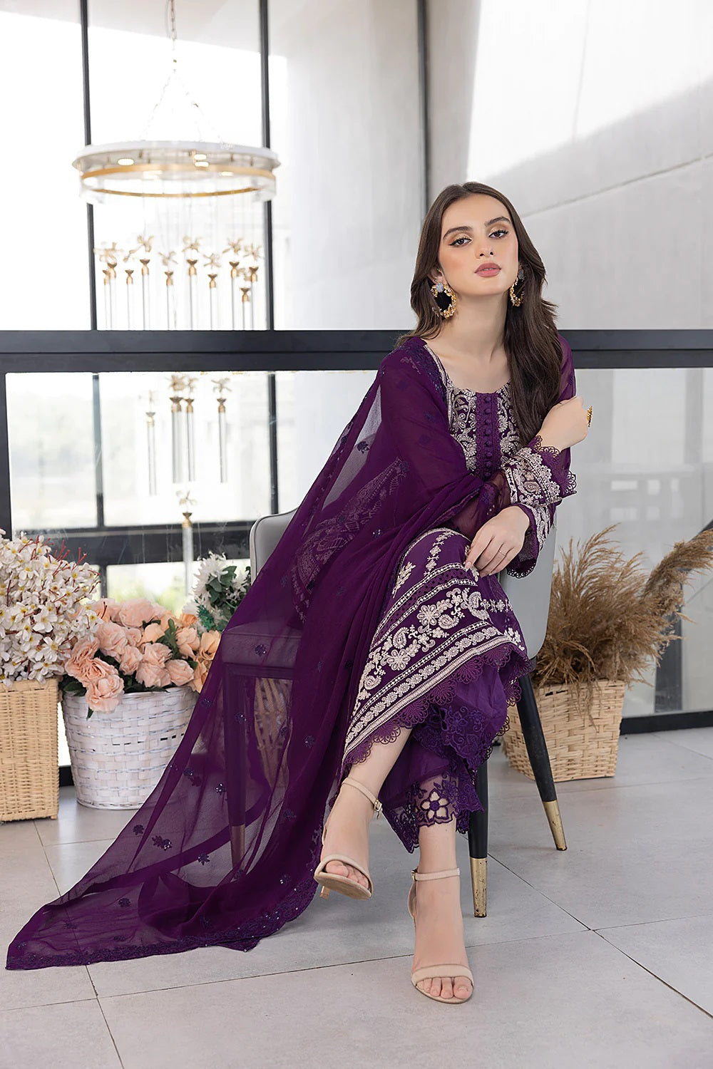 Ensembles Chiffon by Azure Embroidered Chiffon 4 Piece Unstitched Dress - ES028 Pansy Petals