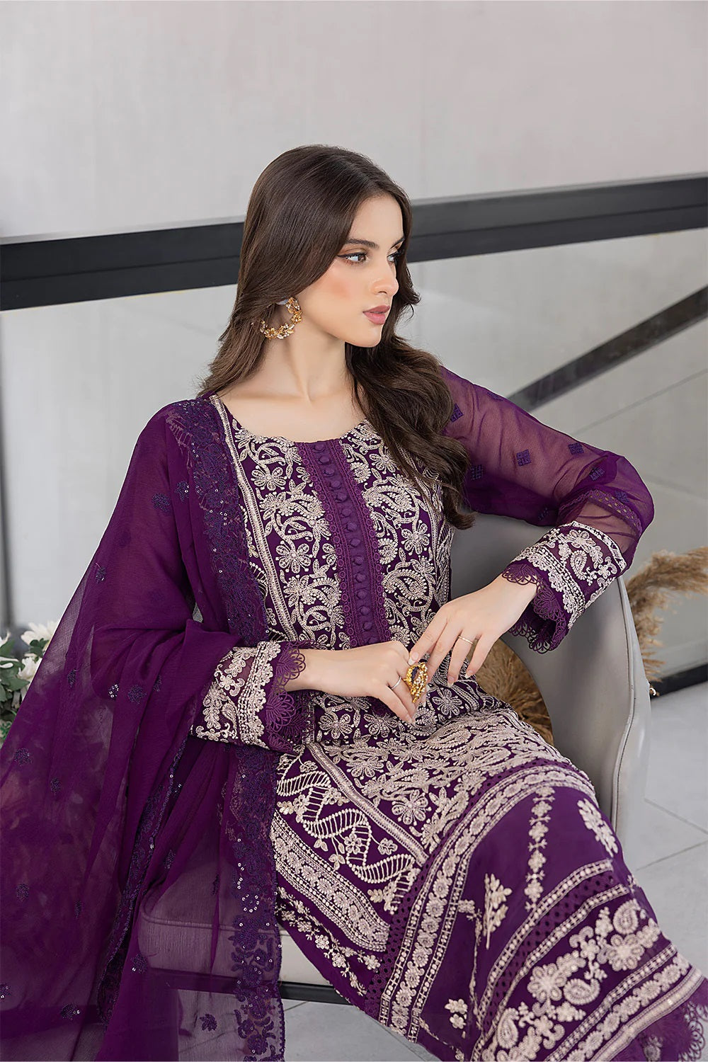 Ensembles Chiffon by Azure Embroidered Chiffon 4 Piece Unstitched Dress - ES028 Pansy Petals