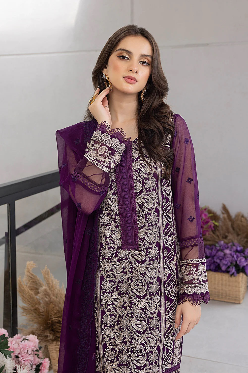 Ensembles Chiffon by Azure Embroidered Chiffon 4 Piece Unstitched Dress - ES028 Pansy Petals