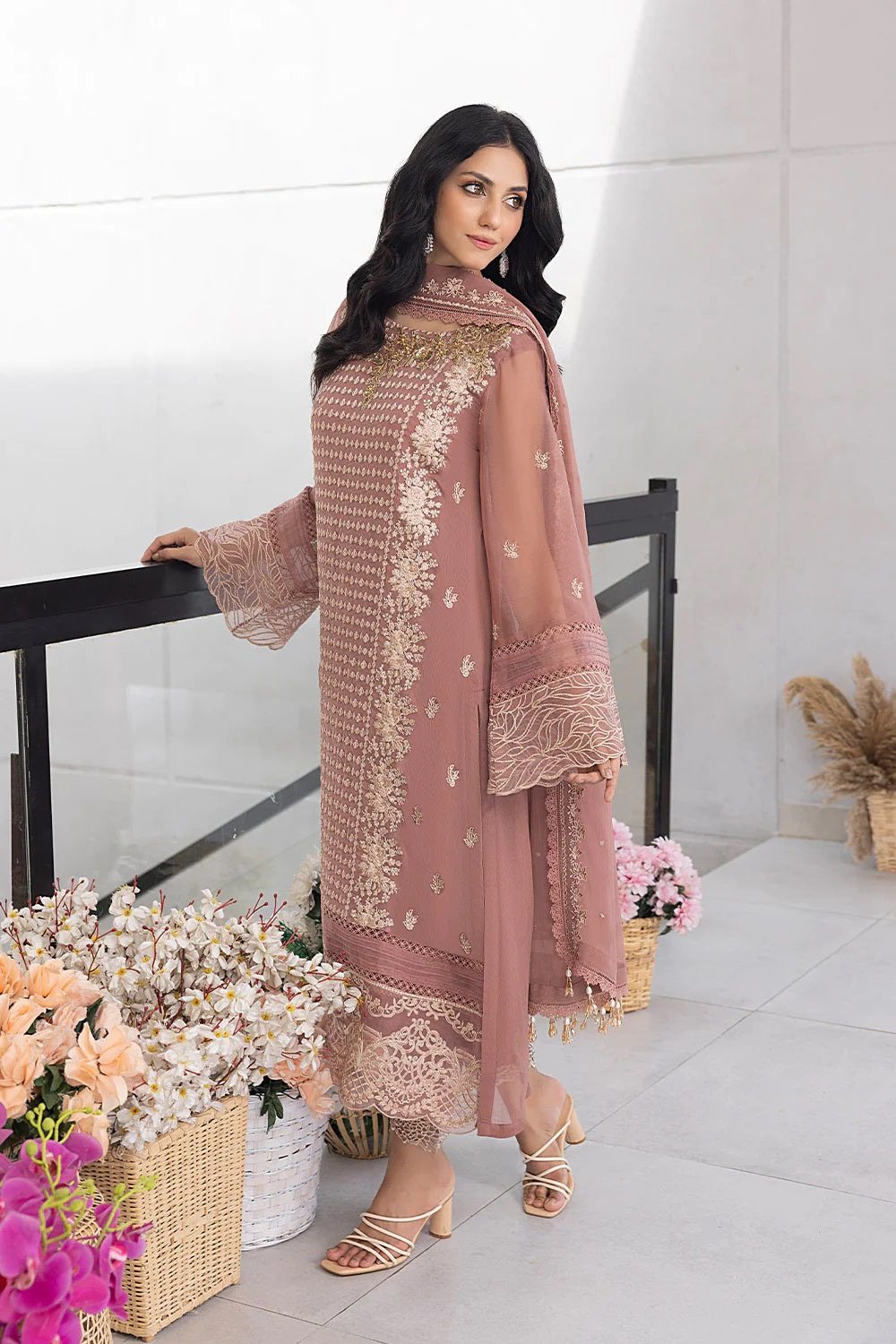 Ensembles Chiffon by Azure Embroidered Chiffon 4 Piece Unstitched Dress - ES029 Spray Rose