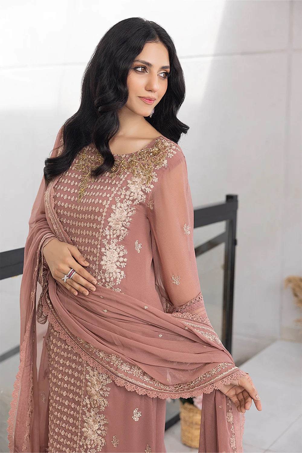 Ensembles Chiffon by Azure Embroidered Chiffon 4 Piece Unstitched Dress - ES029 Spray Rose
