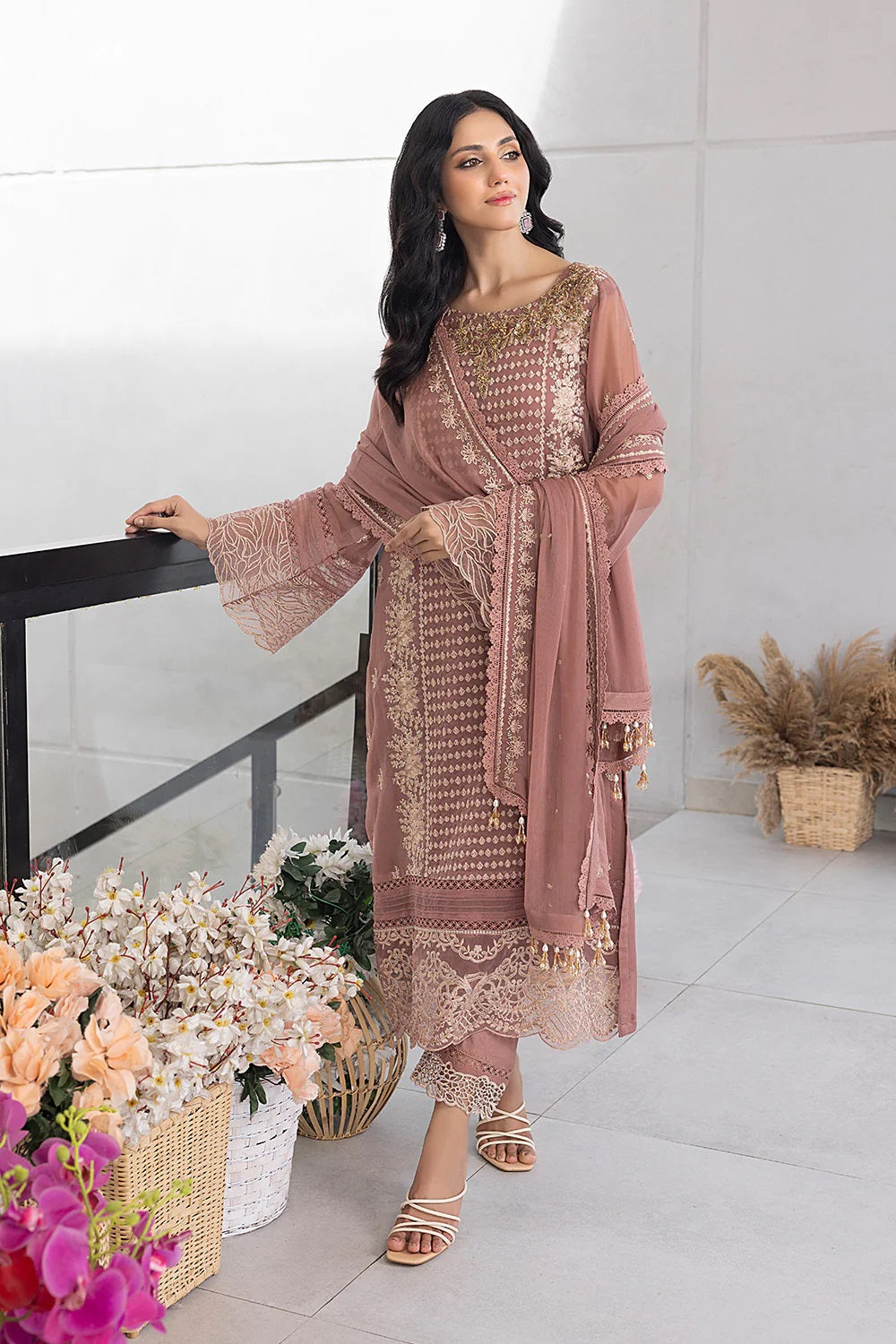 Ensembles Chiffon by Azure Embroidered Chiffon 4 Piece Unstitched Dress - ES029 Spray Rose